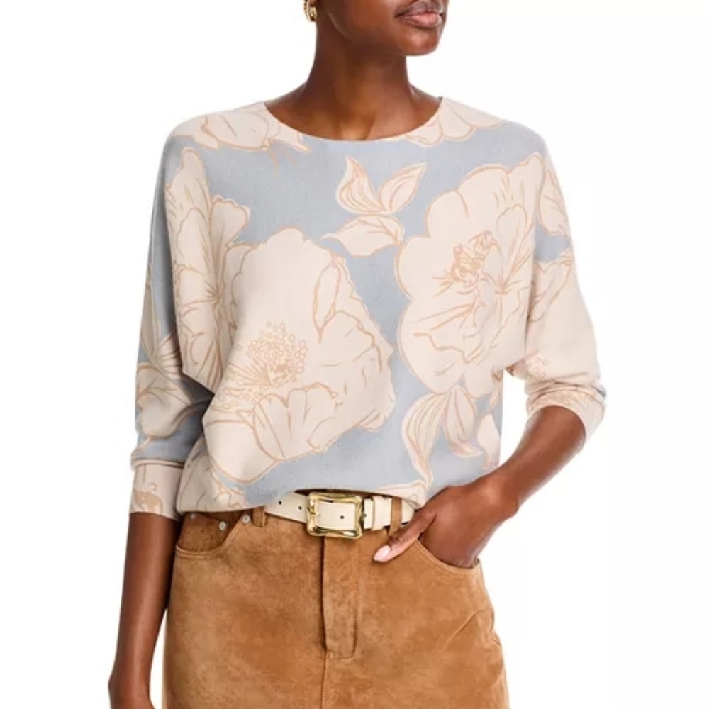 Sioni Blue & White Floral Print Dolman Sleeve Sweater